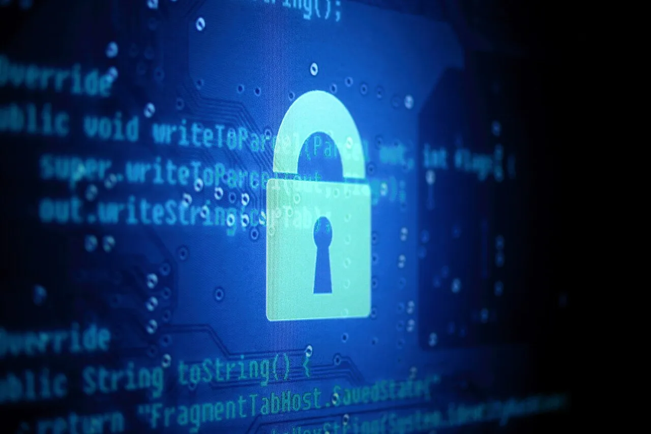 Digital padlock over source code, representing AI access controls, cybersecurity, and software risk.