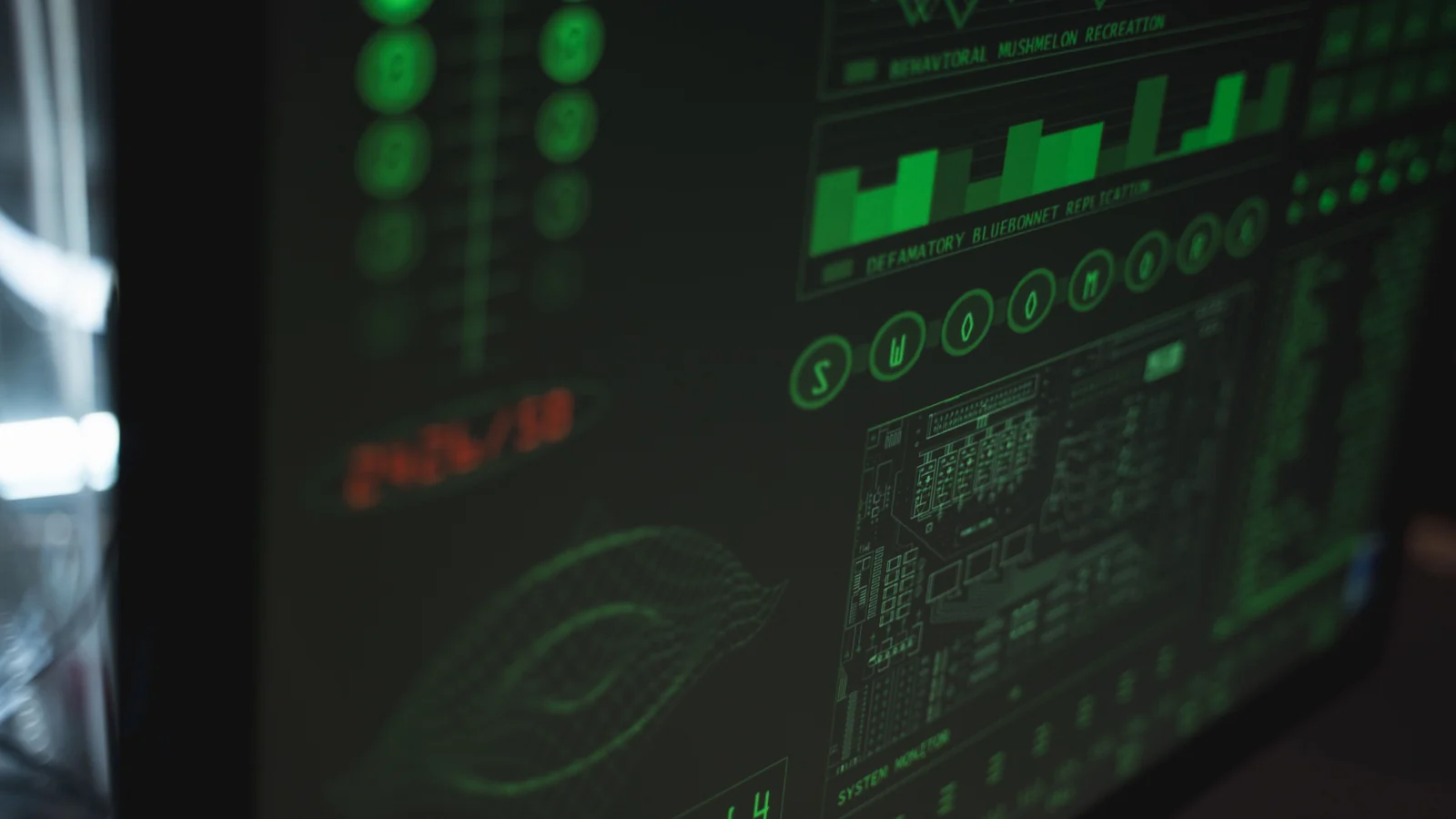 A dark electronic display or control panel fills the image, showing glowing green line graphs, bar charts, circular icons, numbers, and technical schematic-like diagrams.
