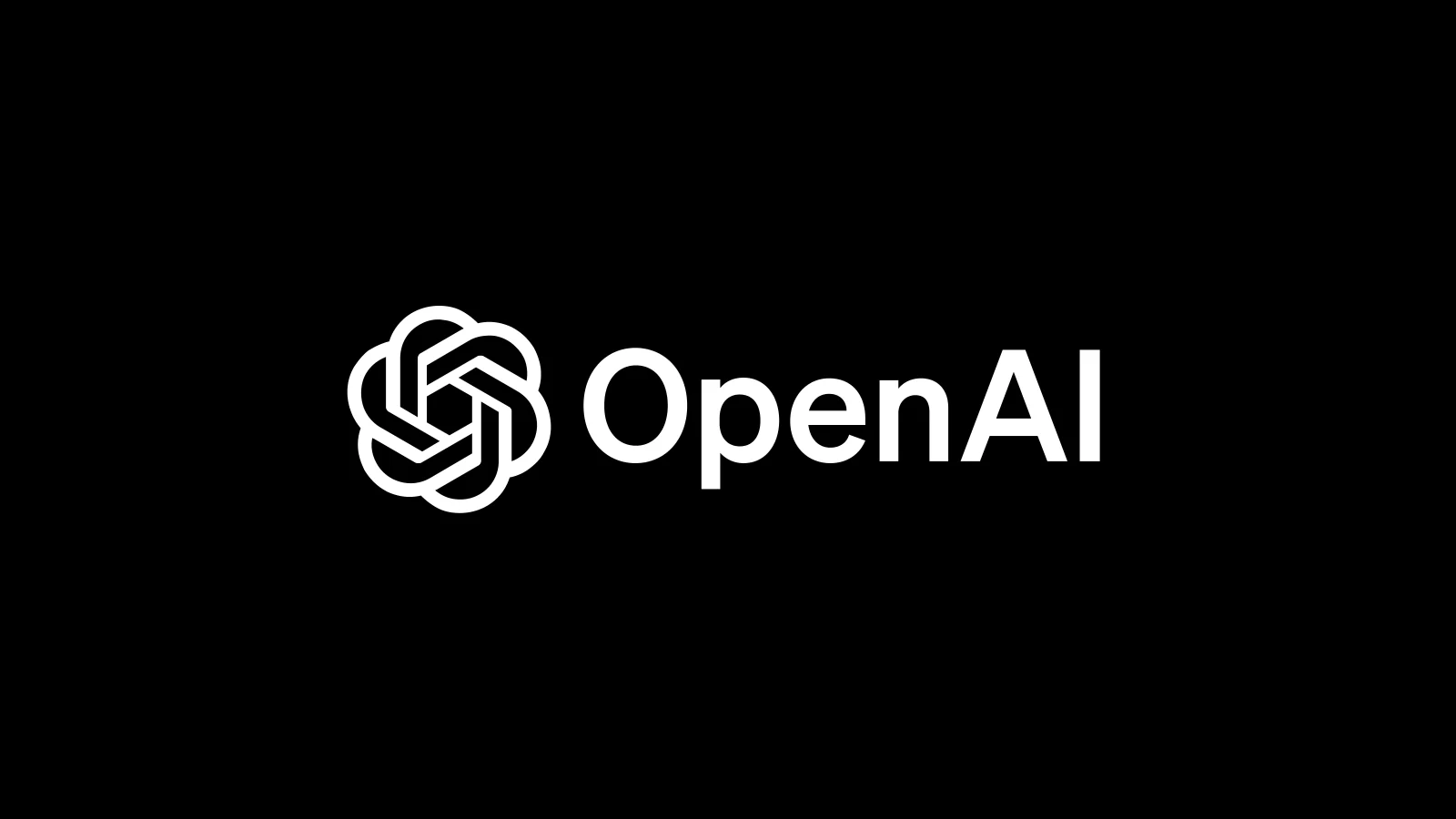 A white interlocking knot-like emblem appears beside the white word “OpenAI,” centered on a black background.