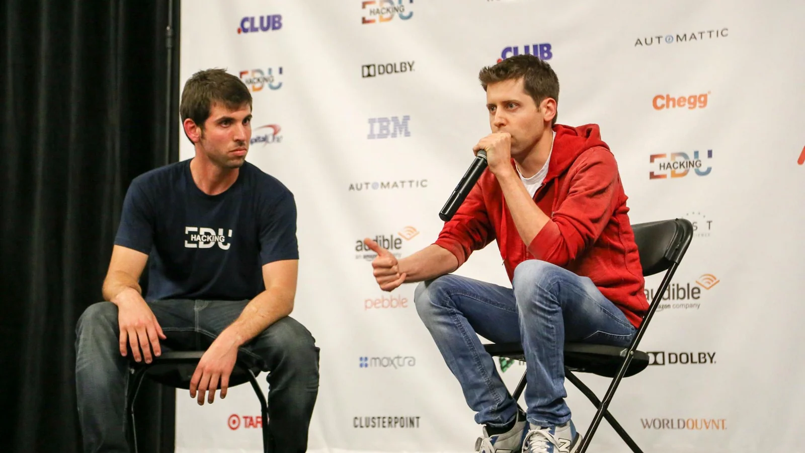 Opening Fireside Chat. Left: Alex Cory — Co-Founder HackingEDU Right: Sam Altman — President Y Combinator