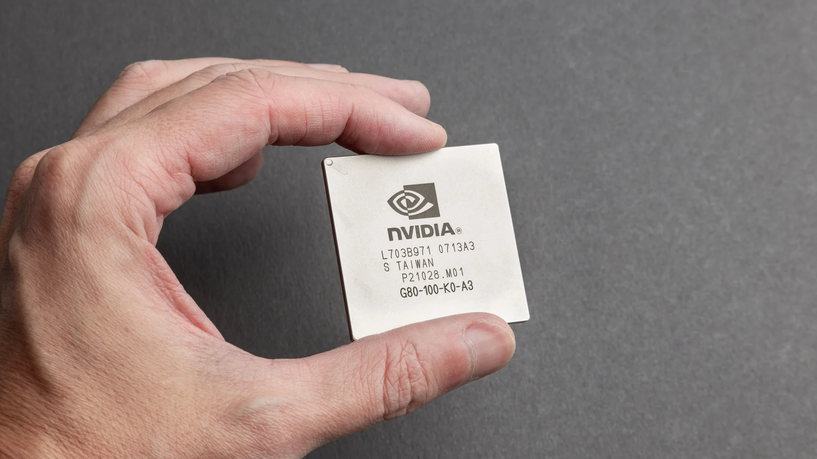 A close-up view of a person holding an Nvidia chip with a gray background.