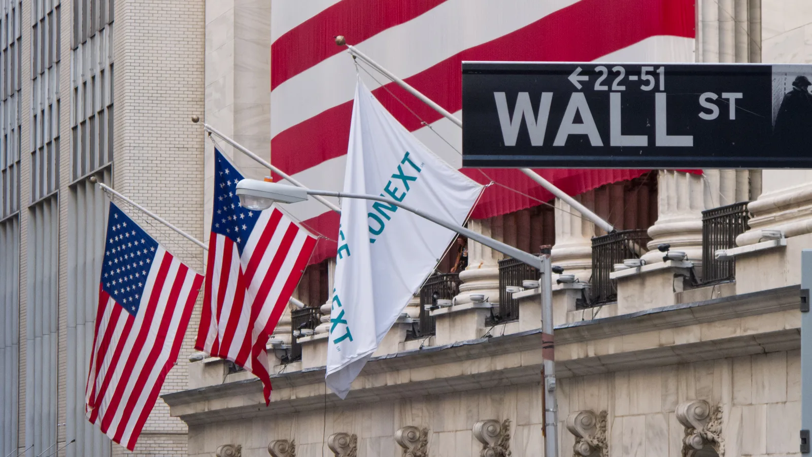 Wall Street sign and the New York Stock Exchange building in Lower Manhattan.